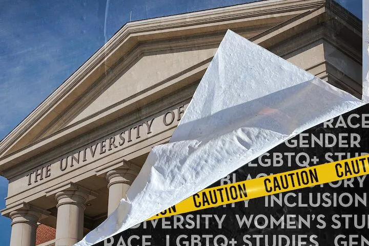 The image depicts a university building facade partially obscured by a torn photo, revealing text about race, gender, LGBTQ+ studies, and womens studies. Yellow caution tape labeled Americas Censored Classrooms 2024 runs diagonally across the text.
